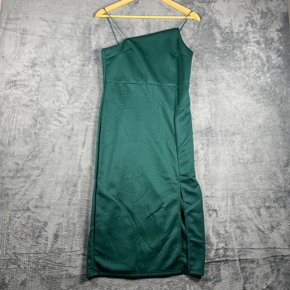 Lyaner One Shoulder Midi Dress Womens L Emerald Green Asymmetric Neck Side Slit